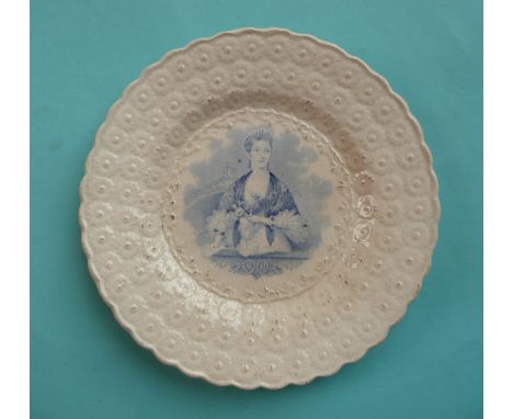 1837/38 Victoria: a nursery plate with florette moulded border printed in blue with an initialled portrait, 182mm (commemorat