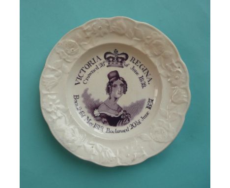 1838 Coronation: a Dillwyn Pottery plate with moulded border printed in purple with an inscribed portrait, 157mm, impressed m