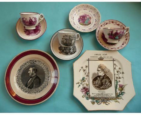 A porcelaineous cup and saucer for 1817 Charlotte in memoriam, a plate for Albert, circa 1816, restored, an octagonal plate f