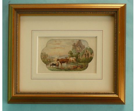 The original watercolour design by Jesse Austin for: Cows in Stream Near Ruins (388) overmounted and framed  (pot lid, pot li