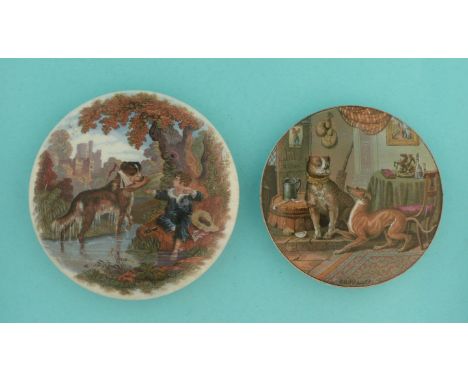 Good Dog (265), small restored chip to underside of rim and Contrast (266) (2)  (pot lid, pot lids, potlid, potlids, prattwar
