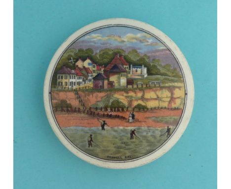 Pegwell Bay, Four Shrimpers (26) flat lid, 109mm  (pot lid, pot lids, potlid, potlids, prattware)  