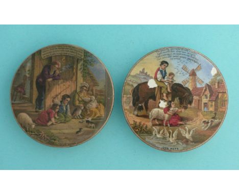 Our Home (241) 90mm, stained and Our Pets (242) 91mm, surface flaking (2)  (pot lid, pot lids, potlid, potlids, prattware)  