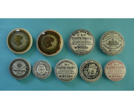 Two Gosnell Cherry Toothpaste and seven other toothpaste lids (9)  (pot lid, pot lids, potlid, potlids, prattware)  