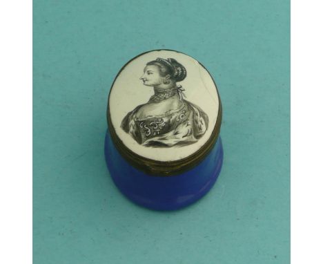 Queen Charlotte: an oval Bilston enamel box with blue base, the hinged lid printed en grisaille with a head and shoulders pro