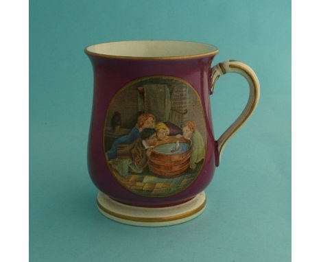 A good baluster shaped mug: Children Sailing Boat in Tub (263) and Dutch Winter Scene (308) aubergine ground, gold line decor