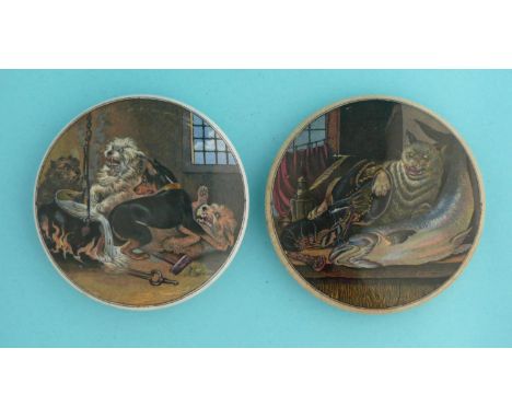 Pretty Kettle of Fish (48) 102mm and Lobster Sauce (49) 103mm (2)  (pot lid, pot lids, potlid, potlids, prattware)  