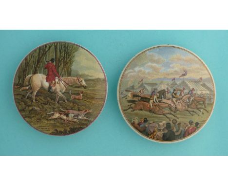 Master of the Hounds (217) 102mm and A Race or Derby Day (257) 106mm (2)  (pot lid, pot lids, potlid, potlids, prattware)  