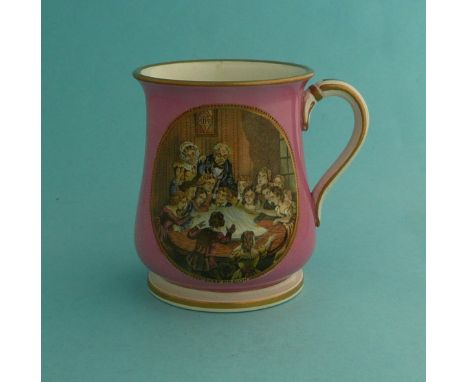 A good baluster shaped mug: Blind Man’s Buff (246) and Snap Dragon (253) pink ground, gold line decoration  (pot lid, pot lid