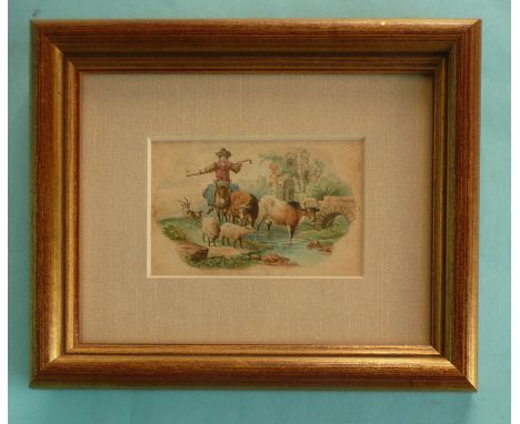 The original watercolour design by Jesse Austin for: Driving Cattle (387) overmounted and framed  (pot lid, pot lids, potlid,