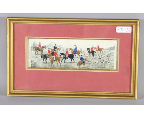 A gilt framed Stevengraph depicting the meeting of a hunting party.