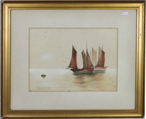 Eugene De Poitiers. A gilt framed watercolour seascape with fishing boats.