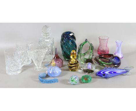 A collection of glasswares to include a Murano vase and ash tray, a crystal Whiskey decanter, atomizers, Caithness paperweigh