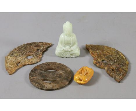 Four pieces of Chinese carved jade including three burial medallions and Celadon model of a seated Buddha along with a bone c