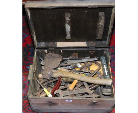 A box of hand tools to include a hatchet, scanners, screw drivers, box plane, spirit level etc.