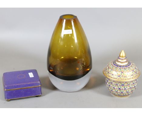 An Orrefors amber glass vase, cloisonne lidded trinket box and a gilt and enamelled lidded china sucrier.