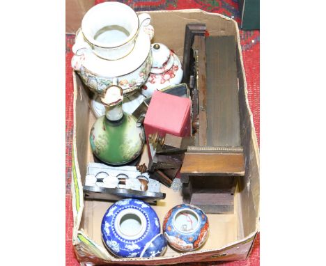 A box of miscellaneous including oriental vases, pipe rack, mounted clock and Capodimonte vase, etc.