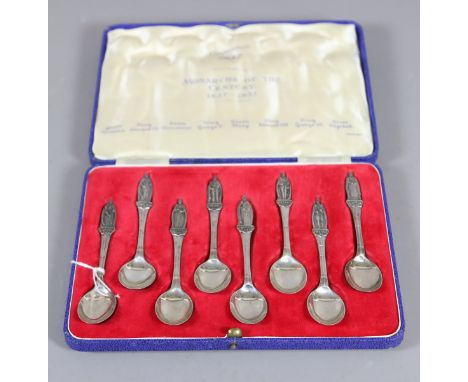 A cased set of eight commemorative silver teaspoons for the 1937 coronation representing the monarchs of the century 1837-193
