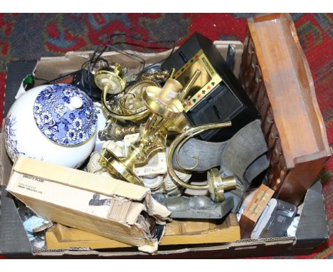 A box of miscellaneous to include blue and white ceramic jug, a boxed joinery plane, metalwares, composite wall plaques, etc.