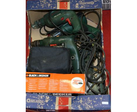 A Bosch four part 240 volt power tool set, drills and grinder etc along with a Black and Decker sander and mini air compresso