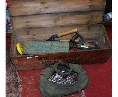 Dutchfield & Sheringham Ltd stencilled pine crate and quantity of mixed tools.