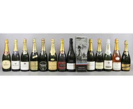 Fourteen bottles of sparkling wine including Champagne and Prosecco.