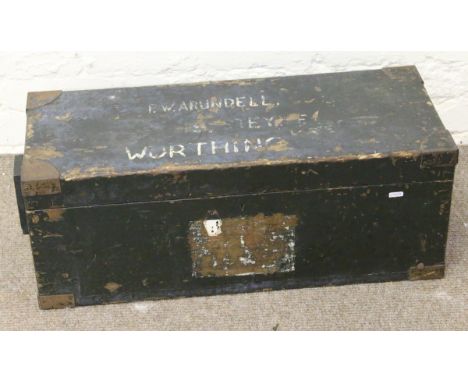 A Victorian painted pine boarding school boys trunk stencilled for P. W. Arundell Worthing with later police related ephemera