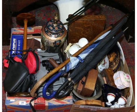 Two boxes of miscellaneous ceramics, wooden items, cameras and binoculars, umbrellas, lamp, etc.