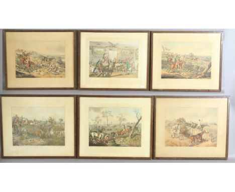 A collection of six antique oak framed lithograph hunting prints, five after Henry Alken.