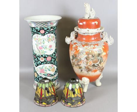 A pair of Tiffany style lamp shades, a Chinese vase and a Japanese urn and cover.