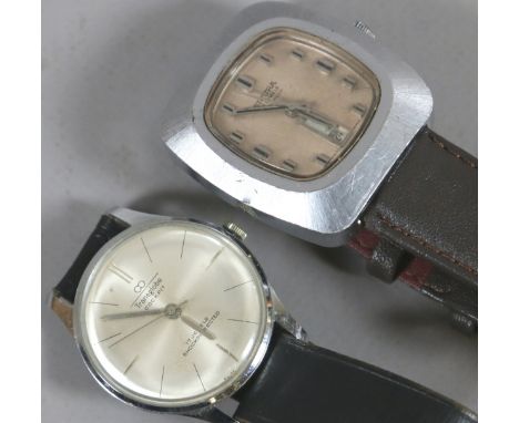 Two vintage manual stainless steel wristwatches; a Sicura watch with day and date displays and centre seconds and a Transglob