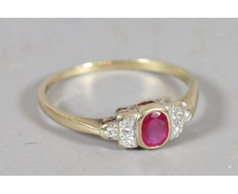 A 9ct gold Art Deco style ring set with an ovoid ruby flanked by a total of six diamonds, ring size Q1/2.