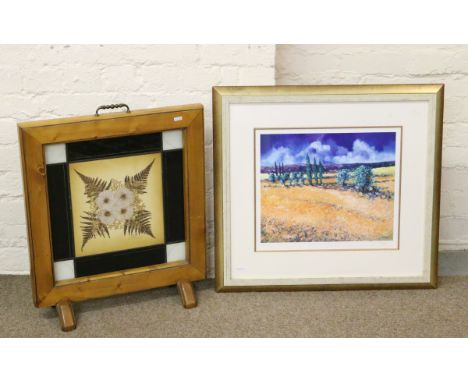 A pine framed floral firescreen along with a framed Limited Edition print.