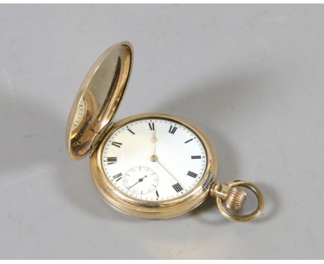 A gentlemens gold plated hunter pocket watch with enamel face and subsidiary dial.