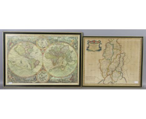 A C17th hand tinted and engraved map in frame of Nottinghamshire by Robert Morden along with a framed print of an old Atlas.