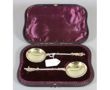 A large pair of cased Victorian silver Apostle berry spoons with twist handles and gilt bowls, assayed Sheffield 1893, 166 gr