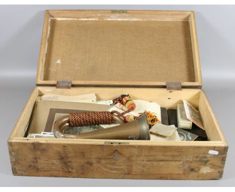 A wooden case of mixed ephemera and photographs relating to Barnsley, copper bugle, beer mats and cigarette lighters etc.
