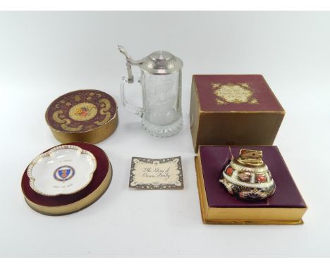 A Royal Crown Derby porcelain table lighter, decorated in the Olde Imari pattern, boxed, Derby dish, boxed, and an etched gla