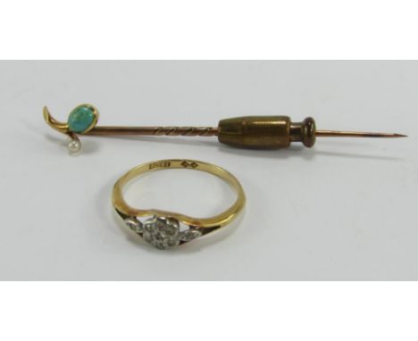 A diamond set flowerhead ring, in a platinum and yellow metal shank, marked 18ct, size M/N, 1.9g, and a turquoise and seed pe