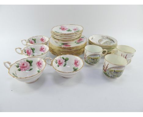 A Hammersley porcelain part tea service painted with cabbage roses, pattern 13677, comprising four cups, six saucers and nine