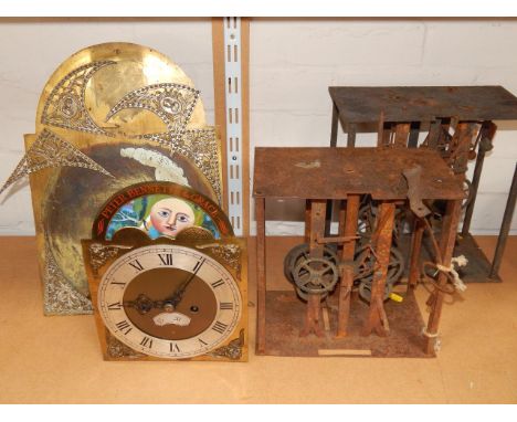 A brass faced late 18thC longcase clock movement, Peter Bennetts & Grace bracket clock dial and twin fusee movement with pain