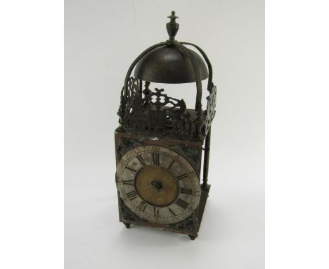 A German brass lantern clock by Fgn Hiry, Landsberg, silvered chapter ring bearing Roman and Arabic numerals, 15cm x 15cm x 3