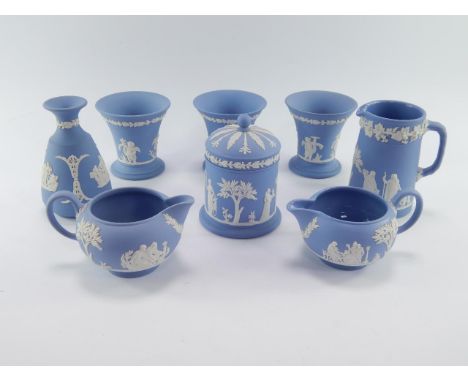 A group of Wedgwood light blue Jasper, including a night light, barometer, pair of candlesticks, dishes and boxes and covers,