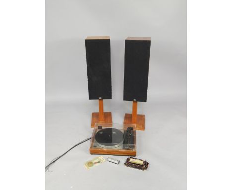 A pair of Monitor Audio teak cased speakers, 100cm high, and a Linn Sondek record player, with cleaning accessories.