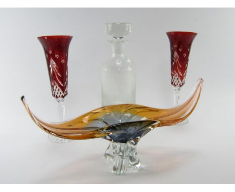 A Murano fluted boat shaped glass bowl, 37.5cm long, glass decanter etched with a stag in a forest, conjoined Tdb mark, 28cm 