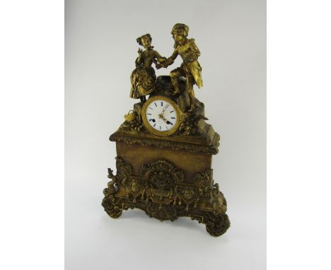 A French late 19thC gilt metal mantel clock, for Roberts, Bould St Denis 19, enamel circular dial bearing blue Roman numerals