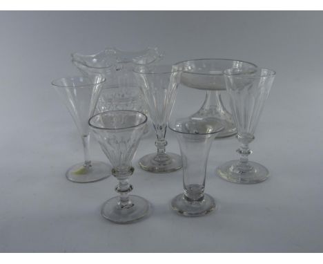 Victorian and later table glassware, pedestal sweetmeat dish, opaline glass lamp shade and sundry further glass.