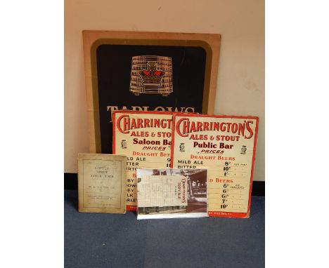 A pair of Charringtons Ales & Stout Public Bar prices notice boards, 43.5cm x 34.5cm, Taplows Scotch Whisky cardboard adverti