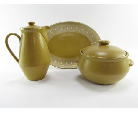 A Denby pottery part dinner and tea service decorated in the Ode pattern, comprising vegetable tureen and cover, three oval m