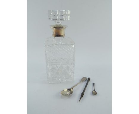 A cut glass decanter with a silver collar, London 1979, Victorian silver teaspoon, Edinburgh 1847, salt spoon and a Morden & 